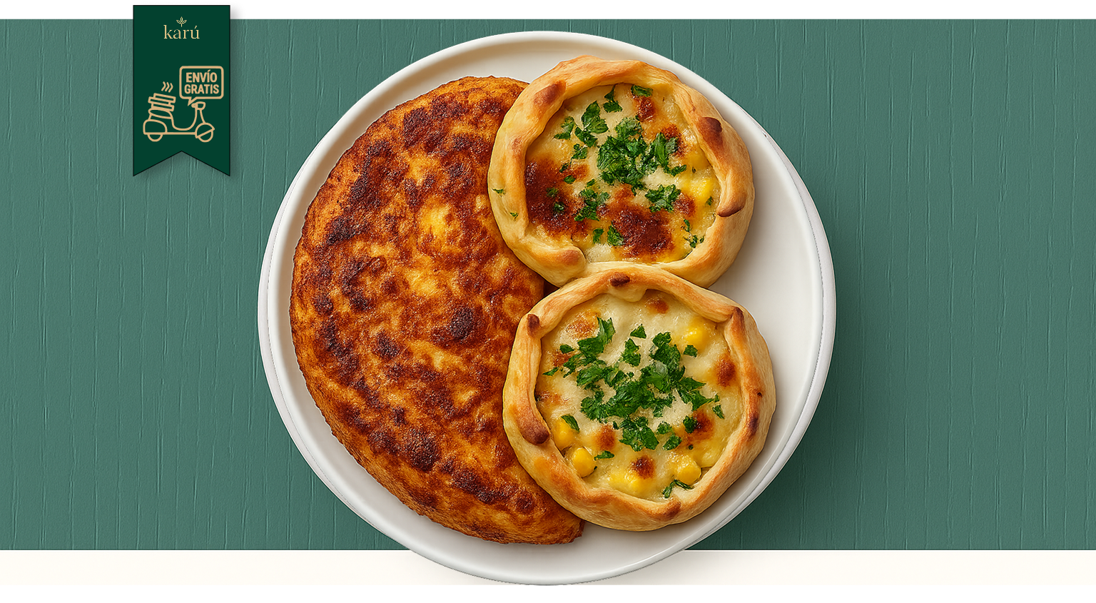 Tortilla de papa y canastitas de choclo cremoso, cebolla y queso